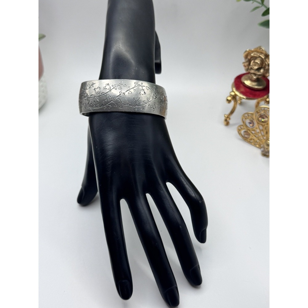 Vintage Kirk Lily of the Valley Pewter Cuff Bracelet Ornate Signed Etched Floral